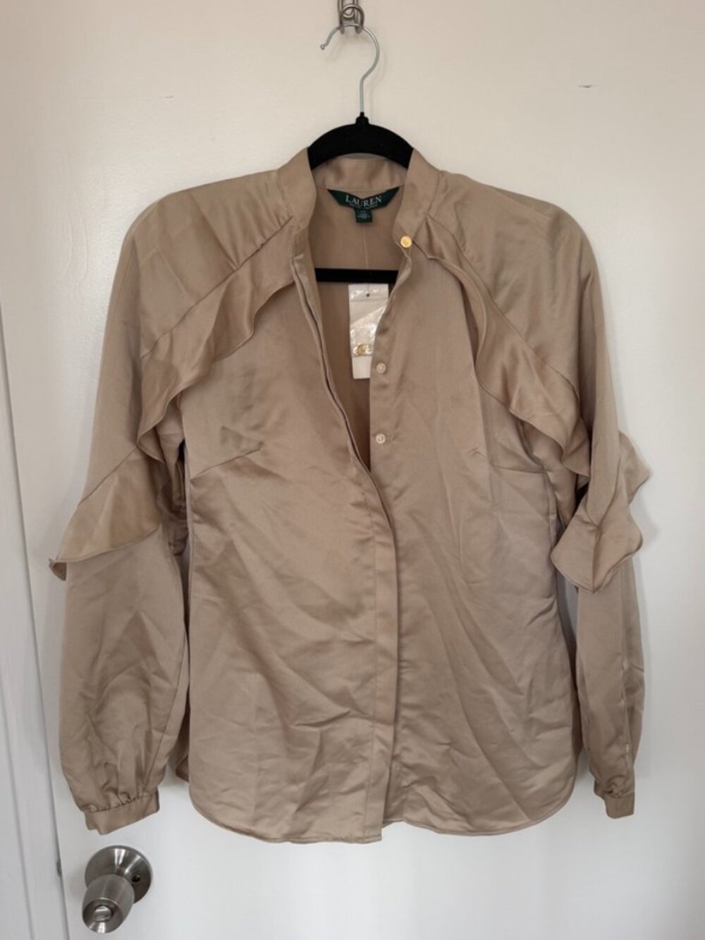 Lauren Ralph Lauren Champagne Ruffled Button Down Blouse NWT